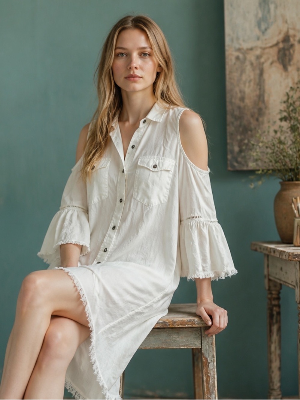 Standard Grace White Button Front Cold Shoulder High Low Shirt Dress Size L